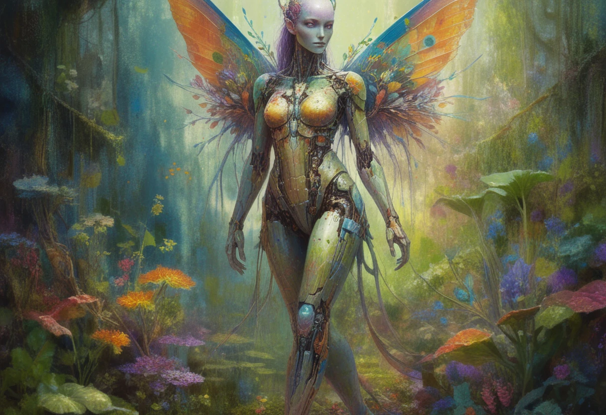 Donna fata cyborg astratta che cammina in uno strano giardino