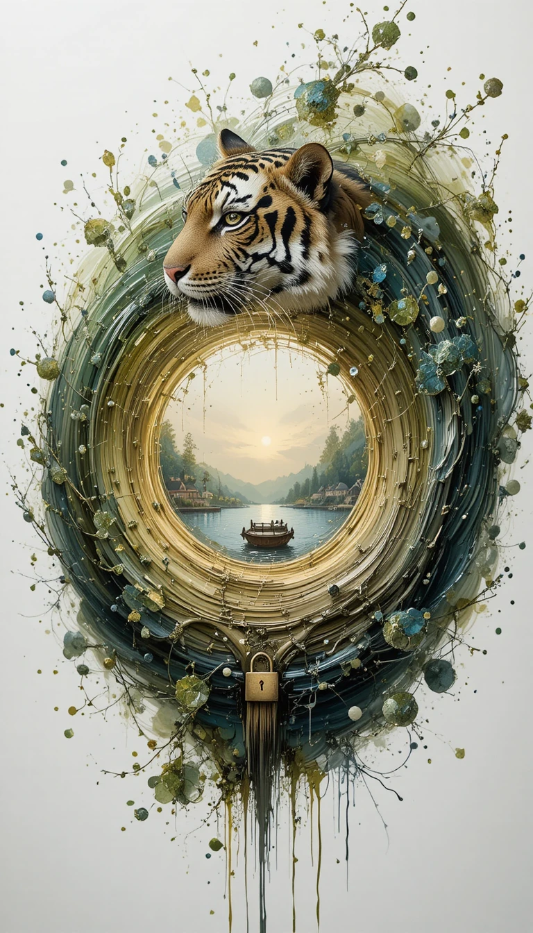 Strukturierter Acryl-Tiger, der mit leuchtender Seenlandschaft verschmilzt