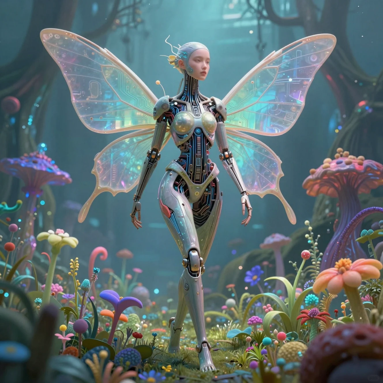 Abstract cyborg fae woman walking through a colorful garden