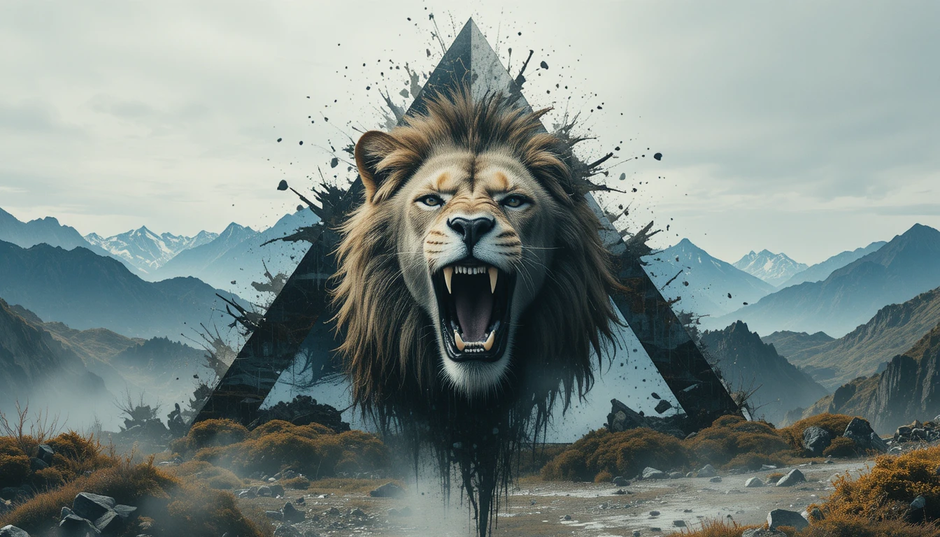 Tête de lion rugissante avec texture grunge sur paysage de montagne surréaliste
