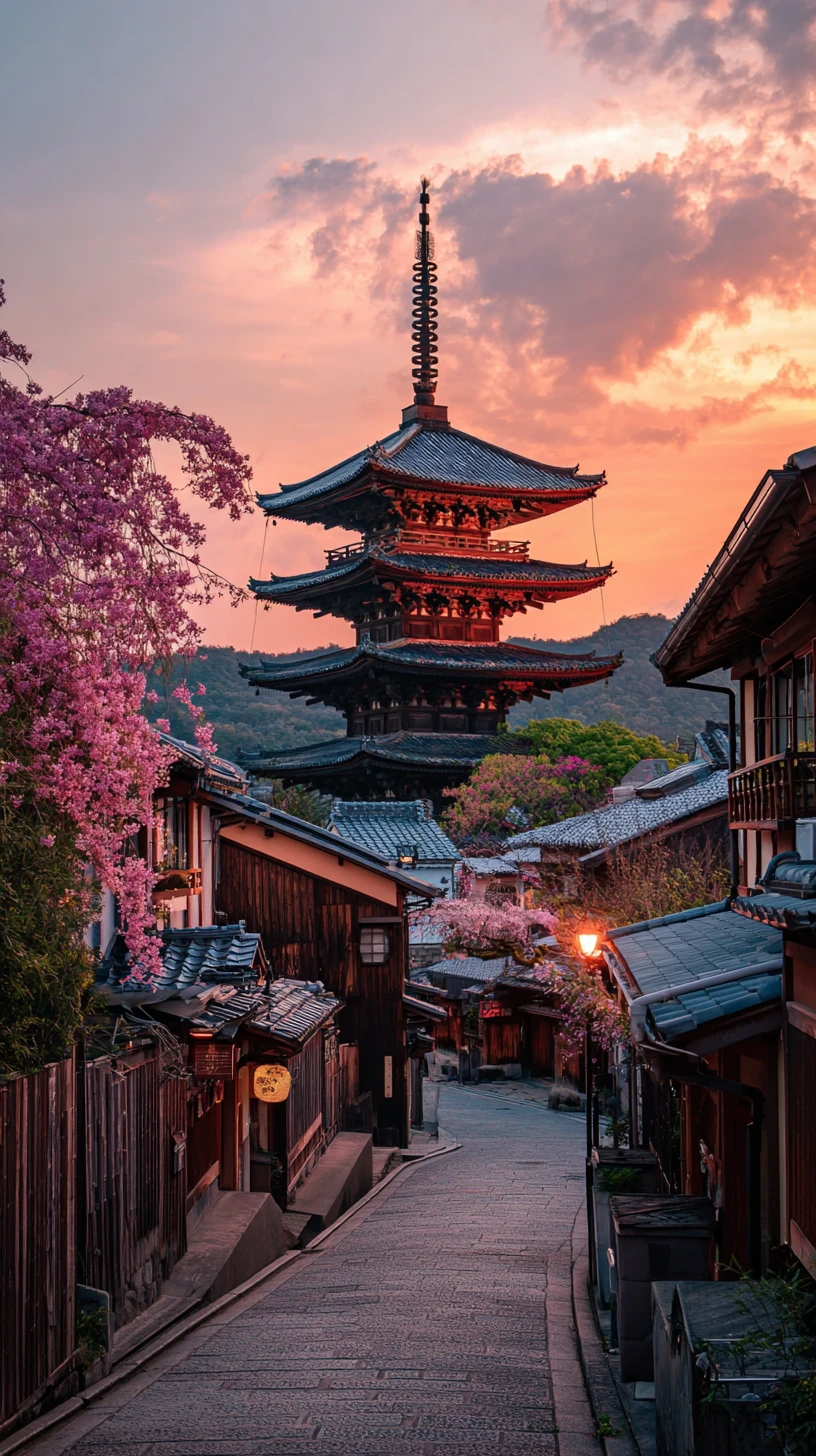 Rua da cidade ao pôr do sol com pagode em uma colina íngreme