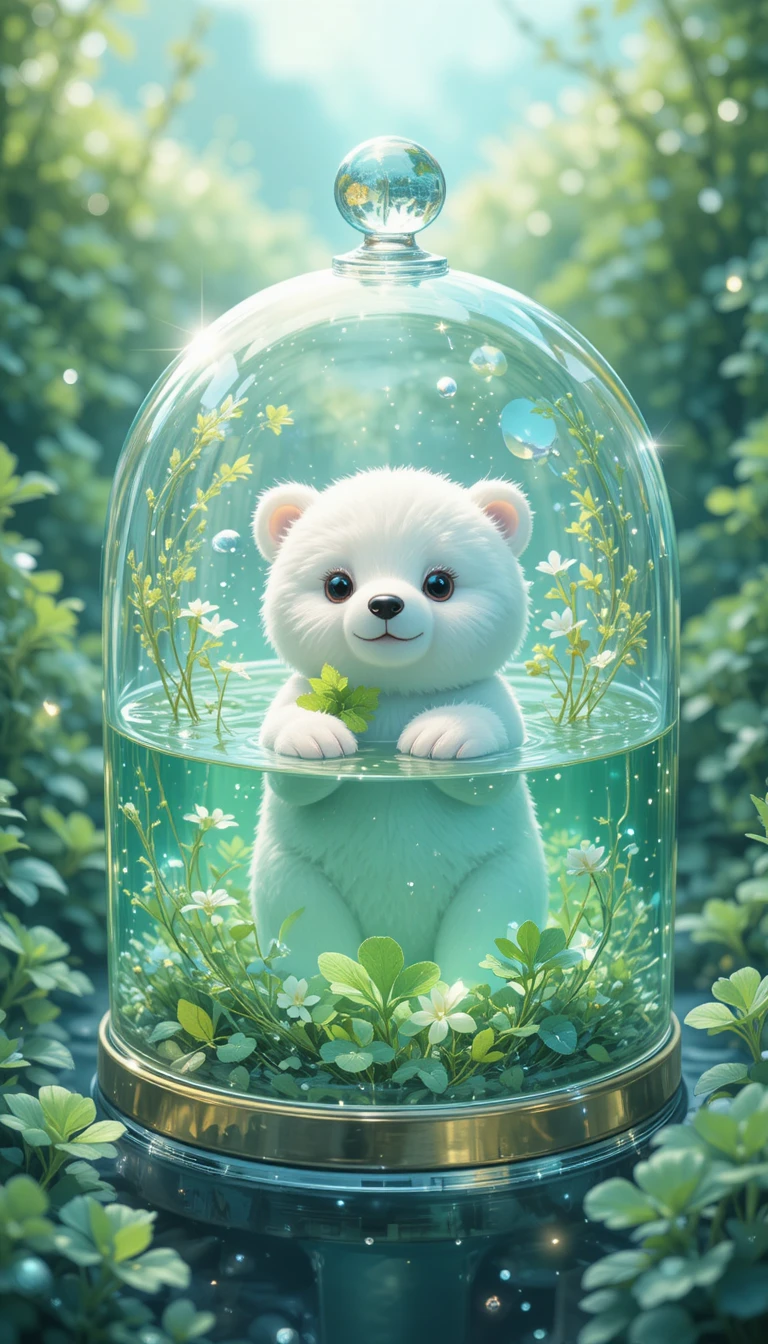 투명한 초록 물 모자에 떠 있는 귀여운 흰 곰