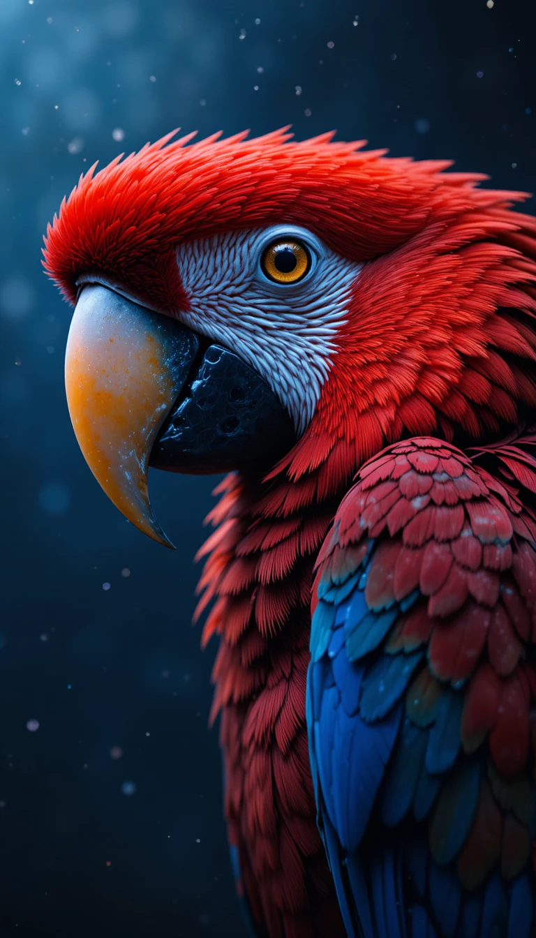 Arara-vermelha vibrante em close contra um céu noturno dos sonhos