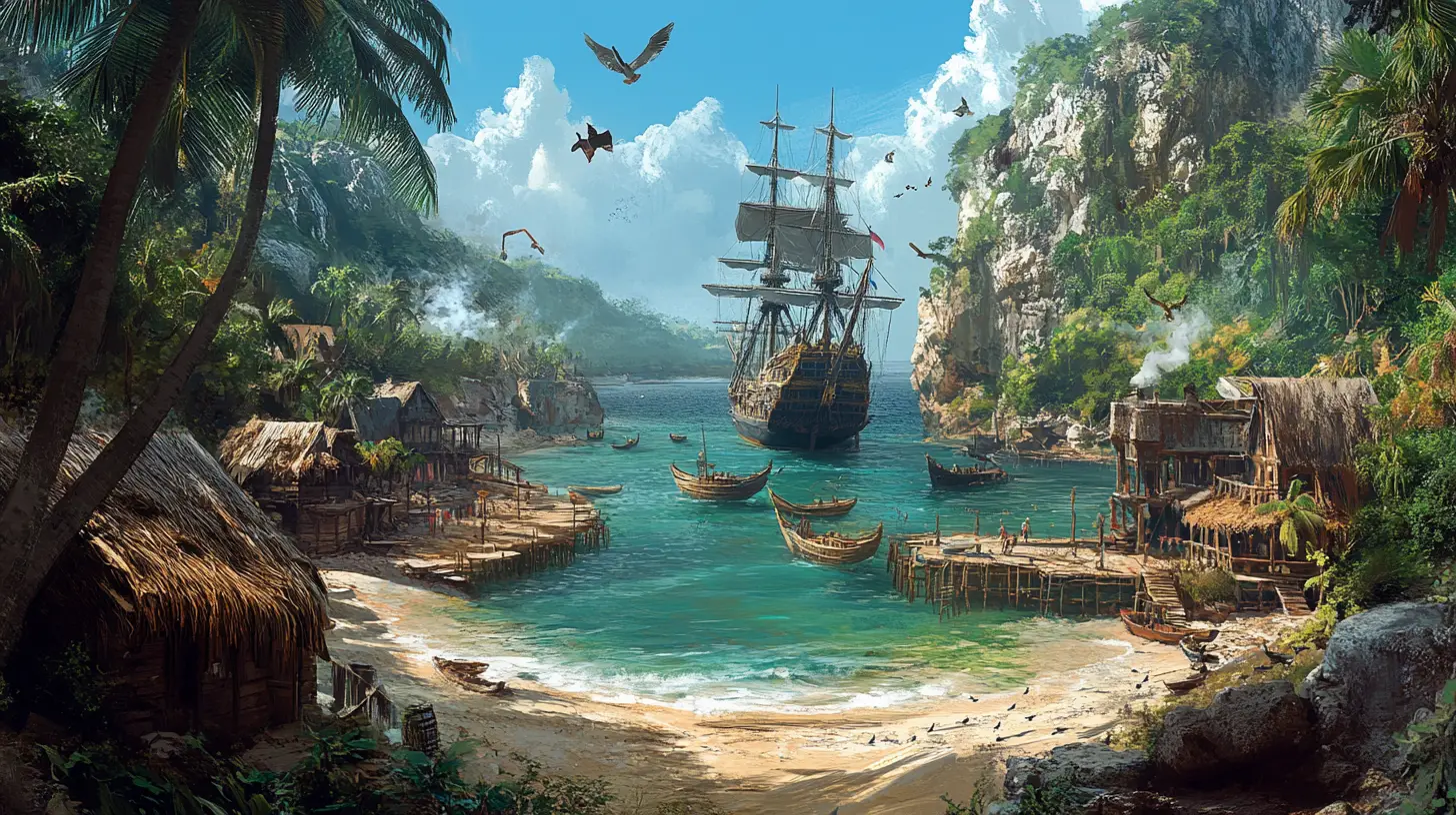 Dramatic pirate cove with ships and jungle huts
