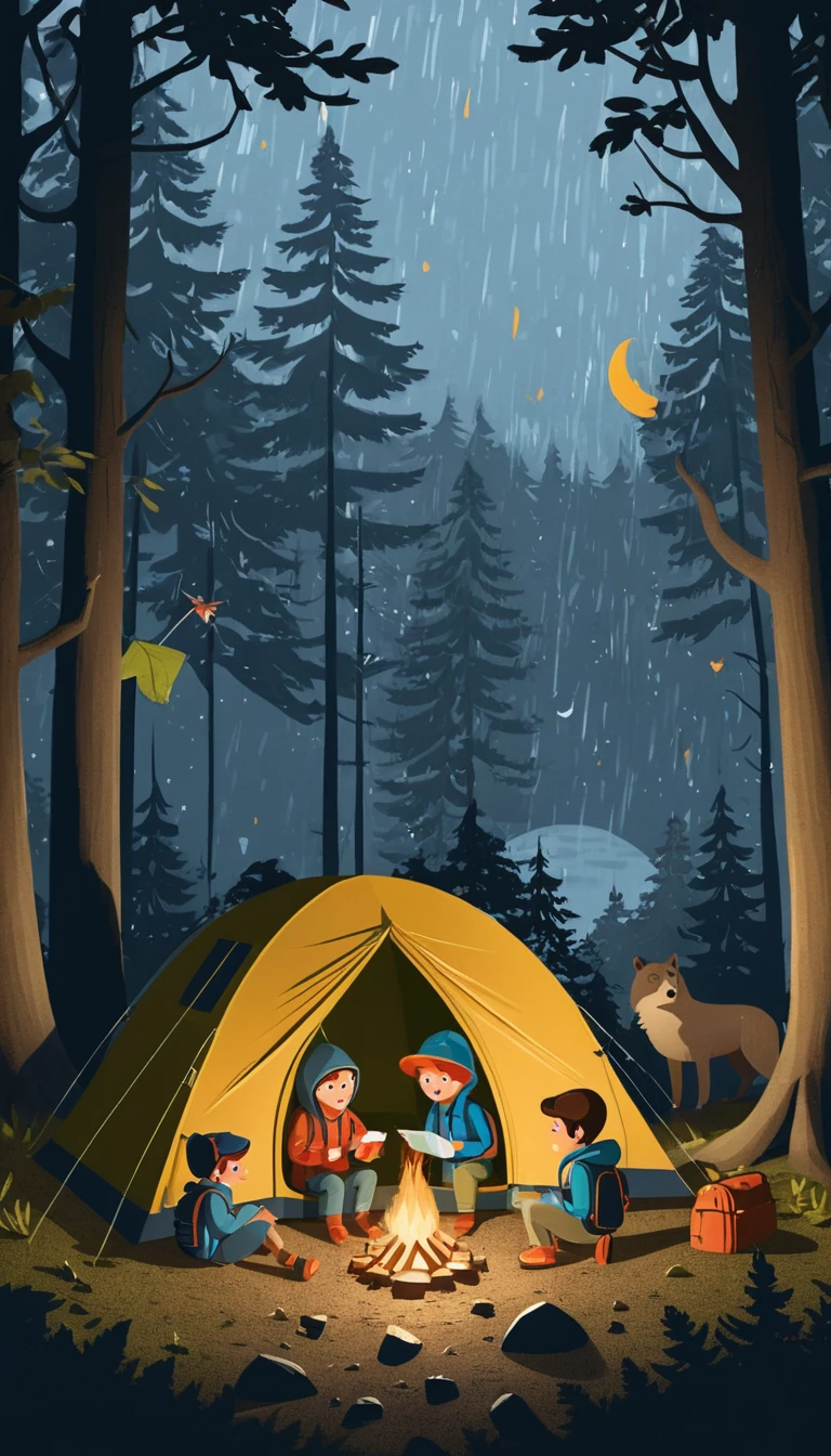Barracas de camping infantis em estilo de argila em uma floresta chuvosa à noite