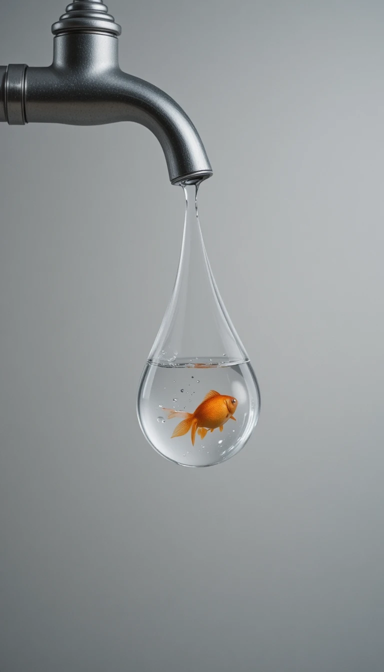 一滴の落ちる水滴の中を泳ぐ金魚