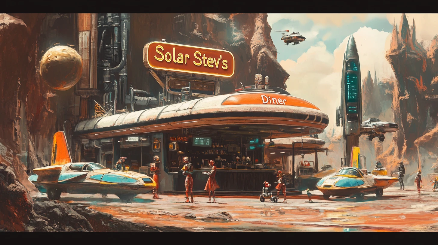 Colorful space station diner with rocket boot waitresses