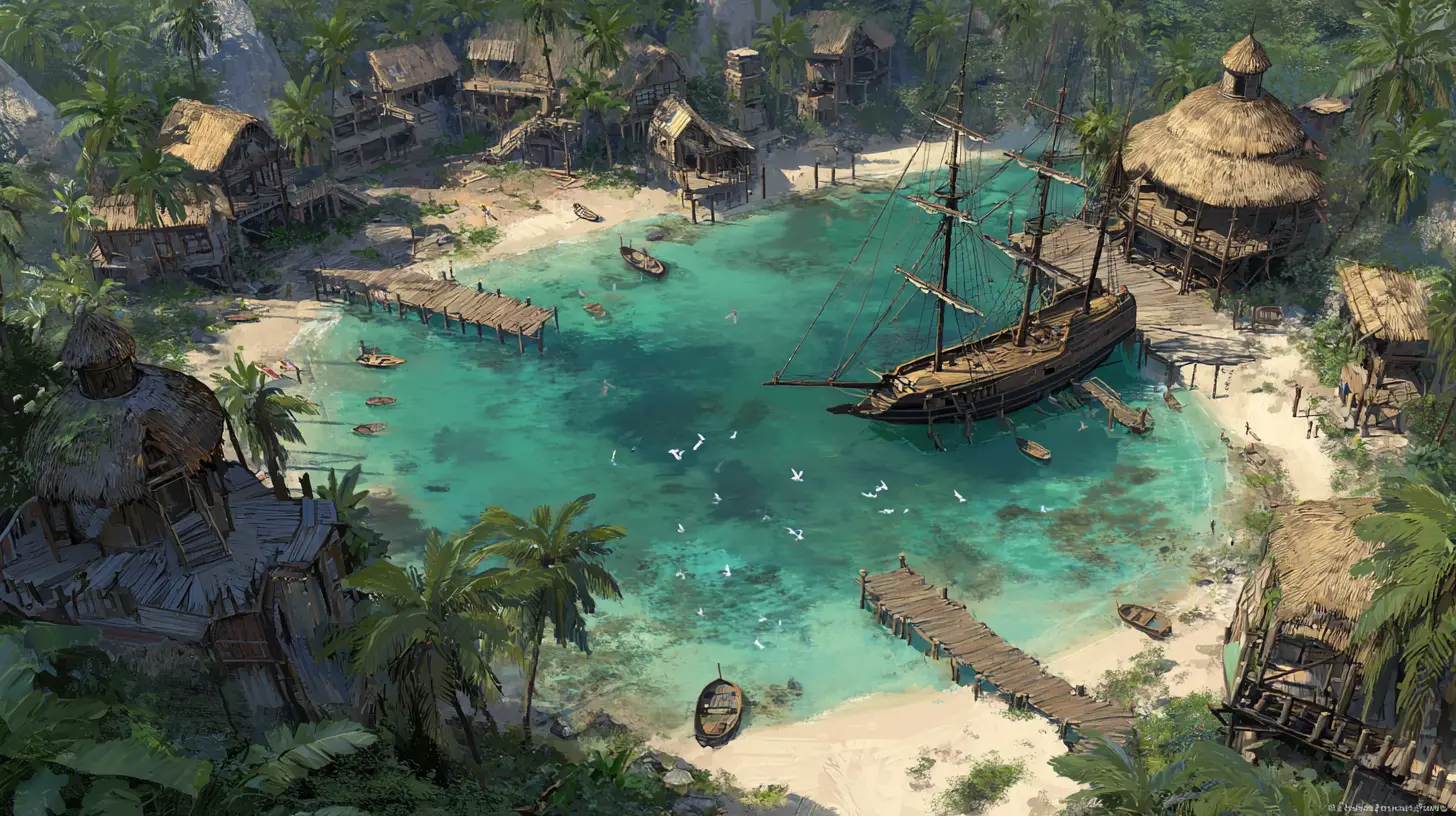 Dramatic fantasy illustration of a bustling pirate cove