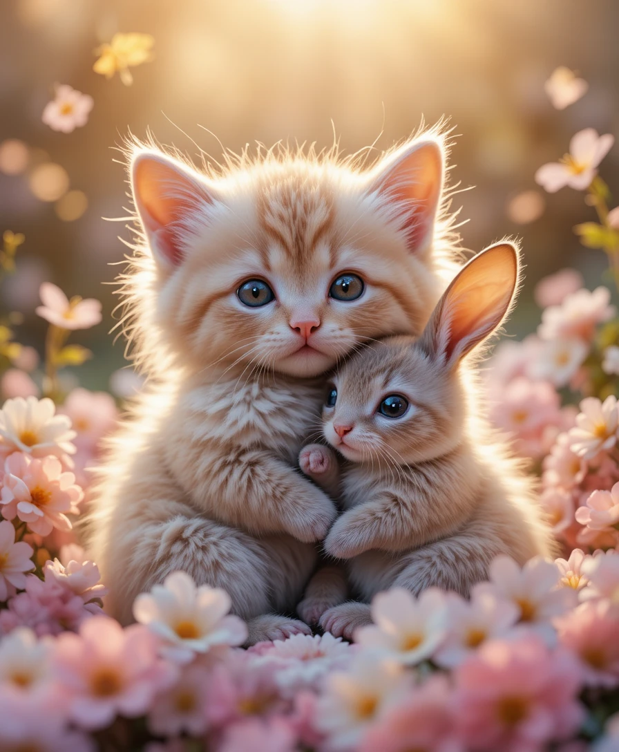 Adorable chaton et bébé lapin blottis dans des fleurs pastel
