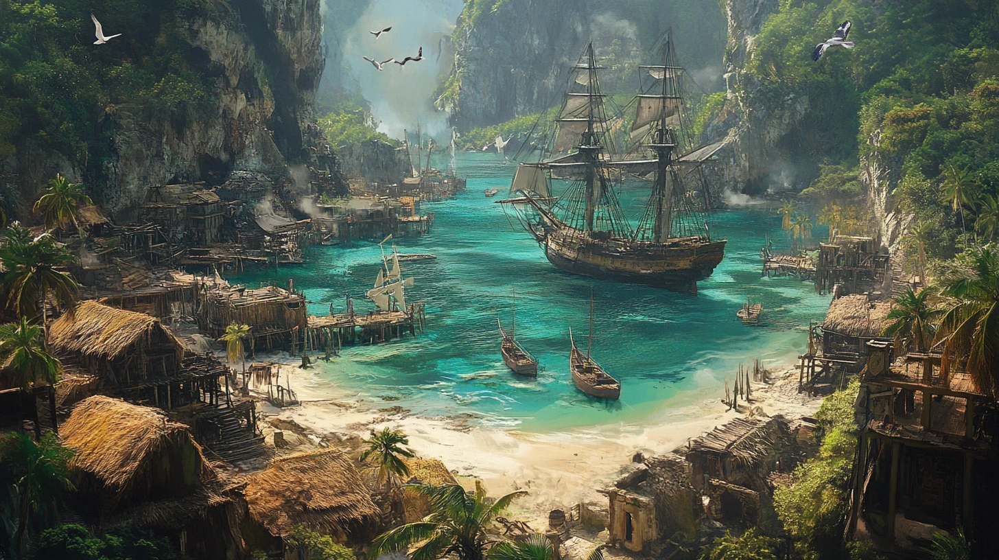 Dramatic pirate cove with ships and ramshackle beach huts