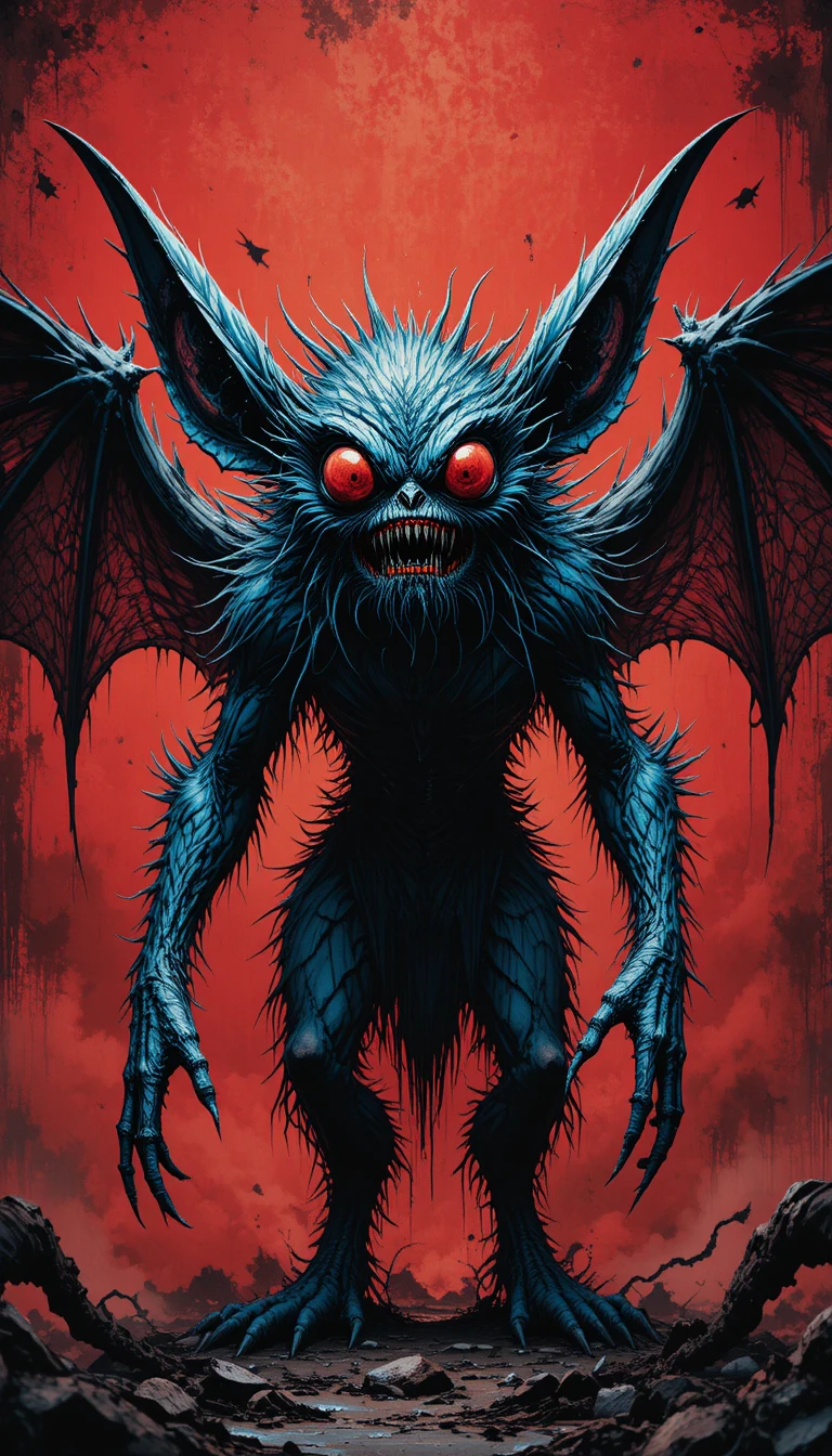 Monstro aterrorizante parecido com morcego e olhos vermelhos brilhantes