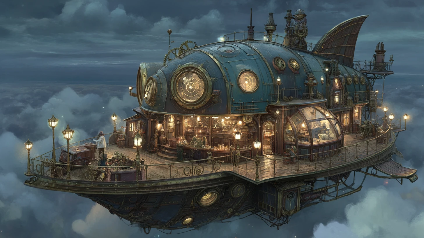Steampunk-Luftschiff-Taverne über den Wolken mit Fuchs-Mechaniker