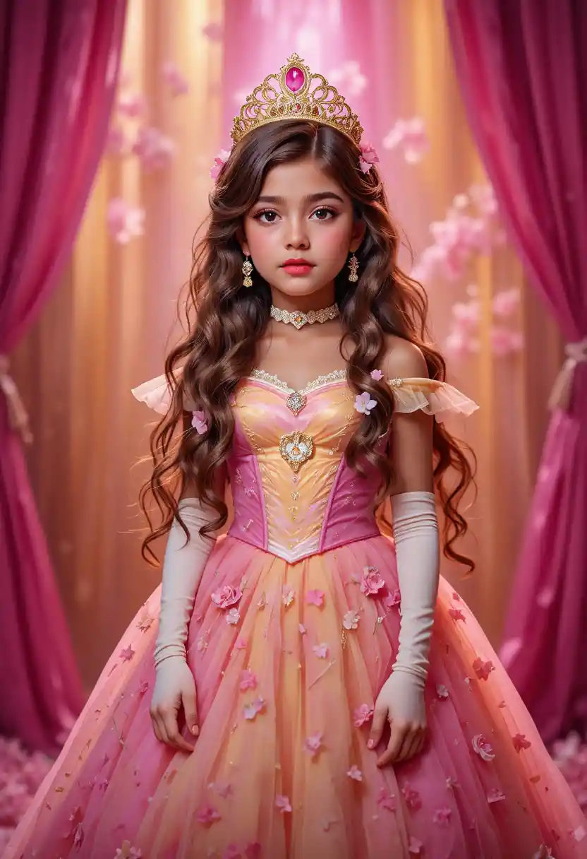 Anxious tween boy in colorful dress under stage spotlight