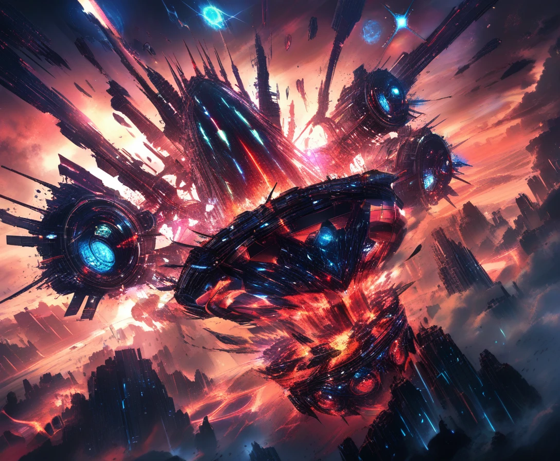 Colossal supernave alienígena surgindo de uma nebulosa vermelho-sangue