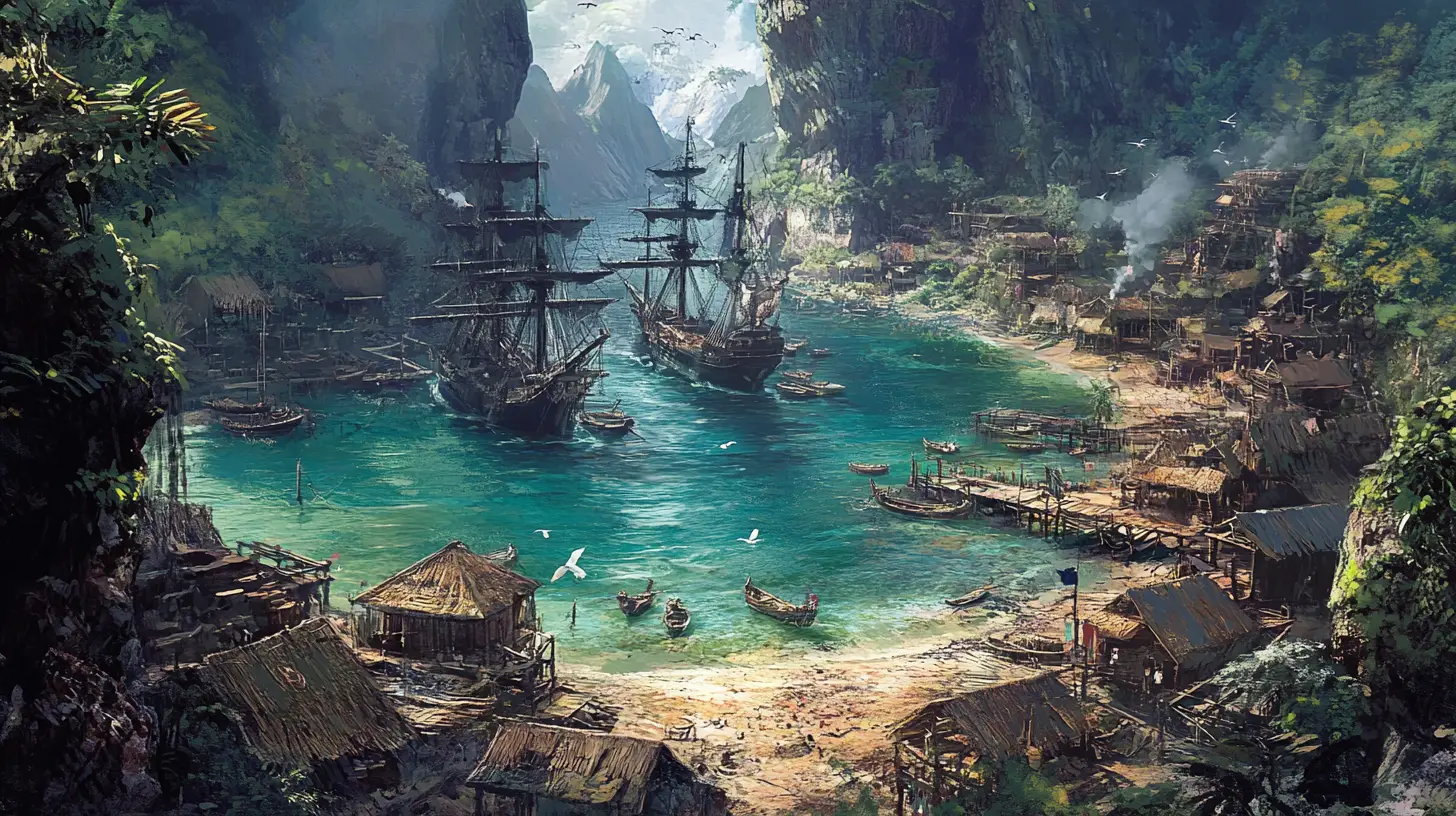 Dramatic pirate cove with ships anchored in a clear bay