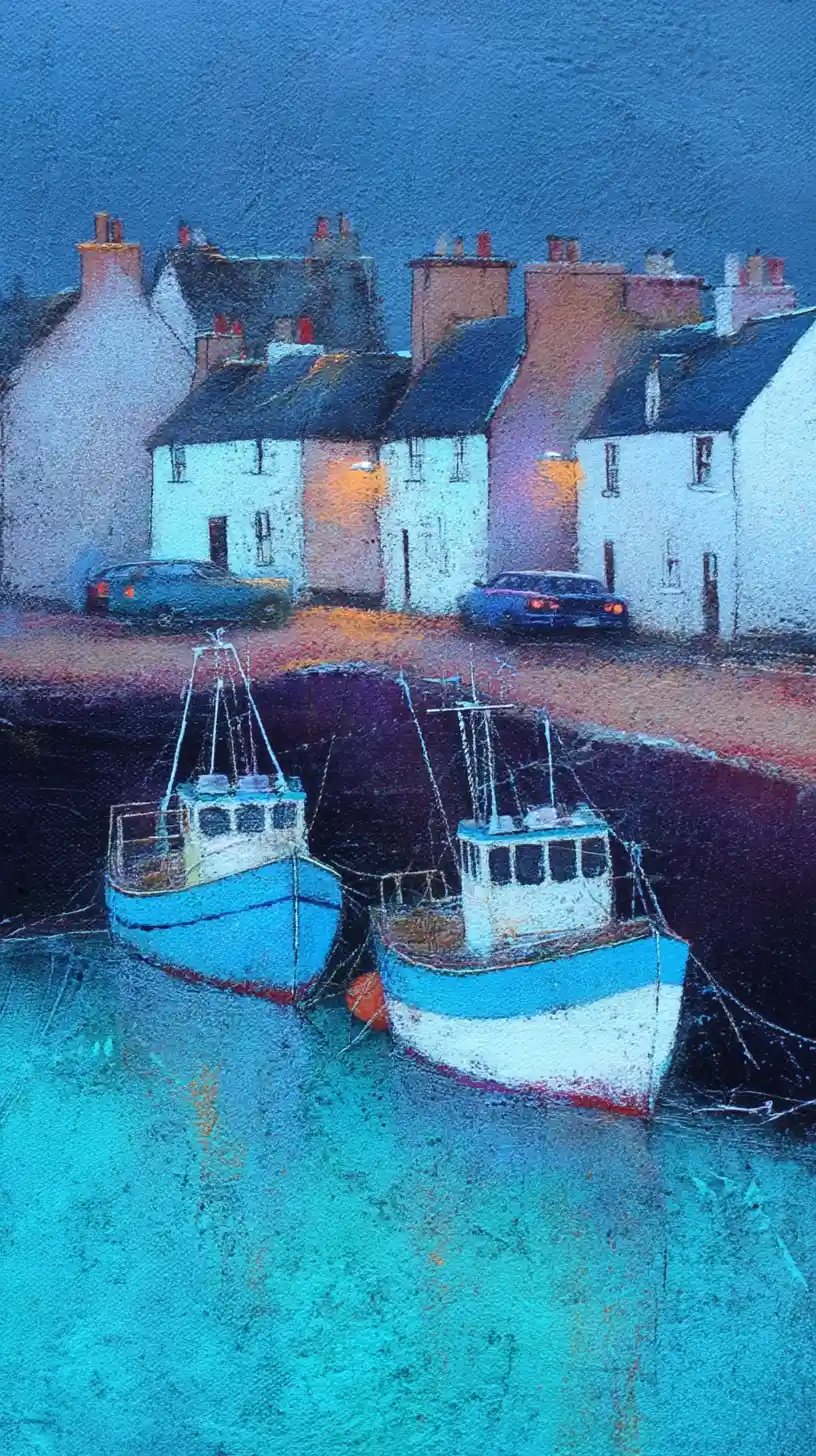 Two fishing boats in a colorful village harbor painting
