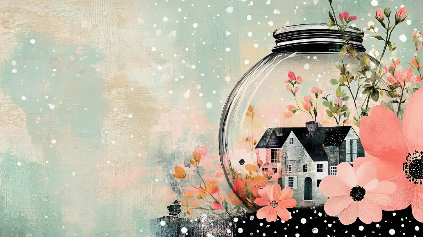 Tiny glass jar world with flowers and cozy homes
