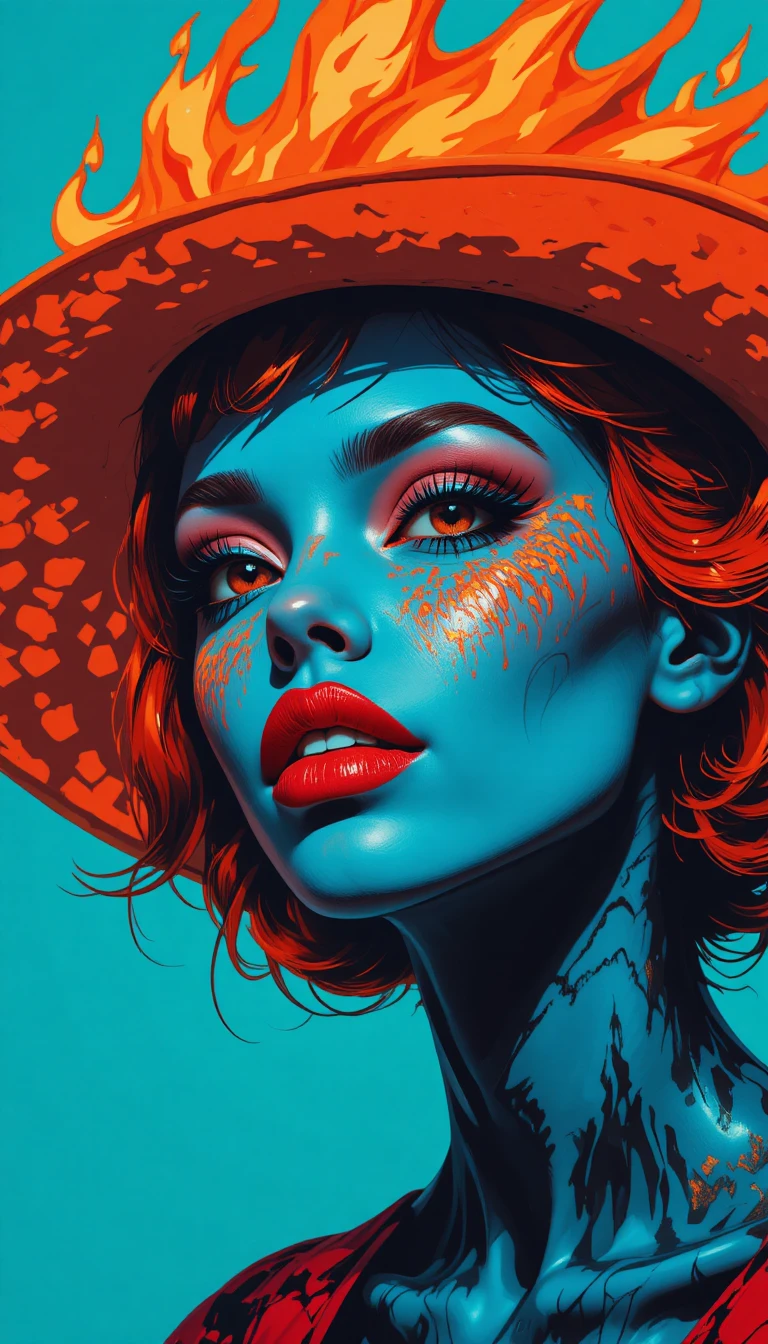 Donna dalla pelle blu in stile pop art con tratti rosso fuoco
