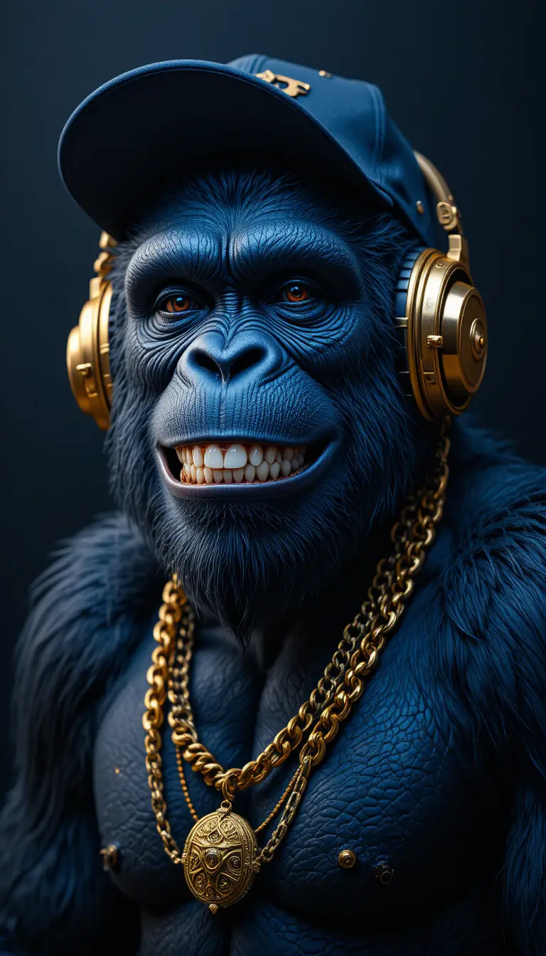 Grinning Blue Ape In Gold Bling With Headphones