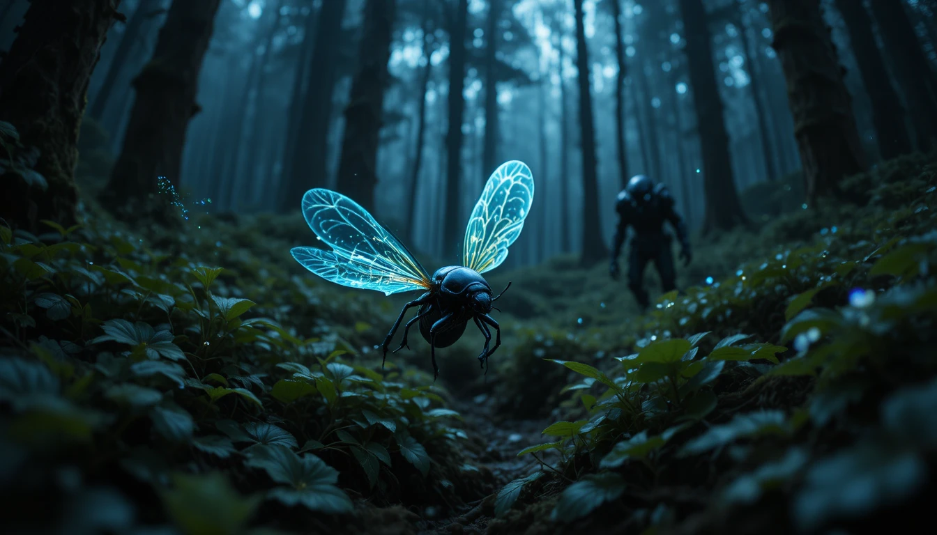 Escaravelho luminoso em uma floresta mística ao crepúsculo