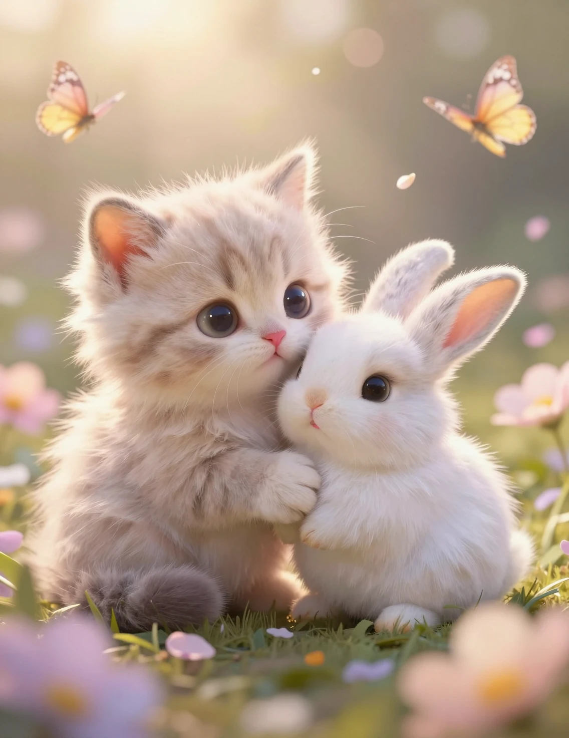 Flauschiges Kätzchen und Babyhase kuscheln in pastellfarbenen Blumen