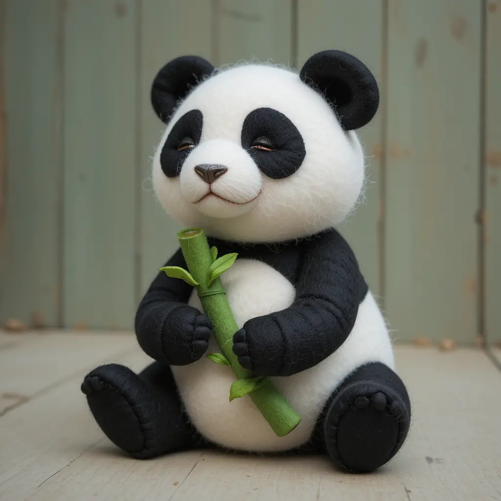 Niedlicher Filz-Panda mit einfachem grünem Bambusspross