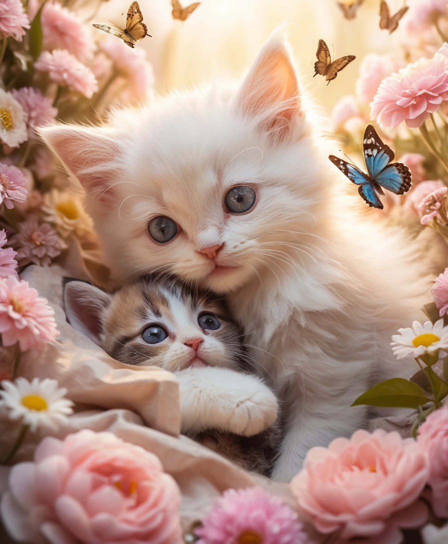Chaton duveteux et bébé lapin blottis dans des fleurs pastel