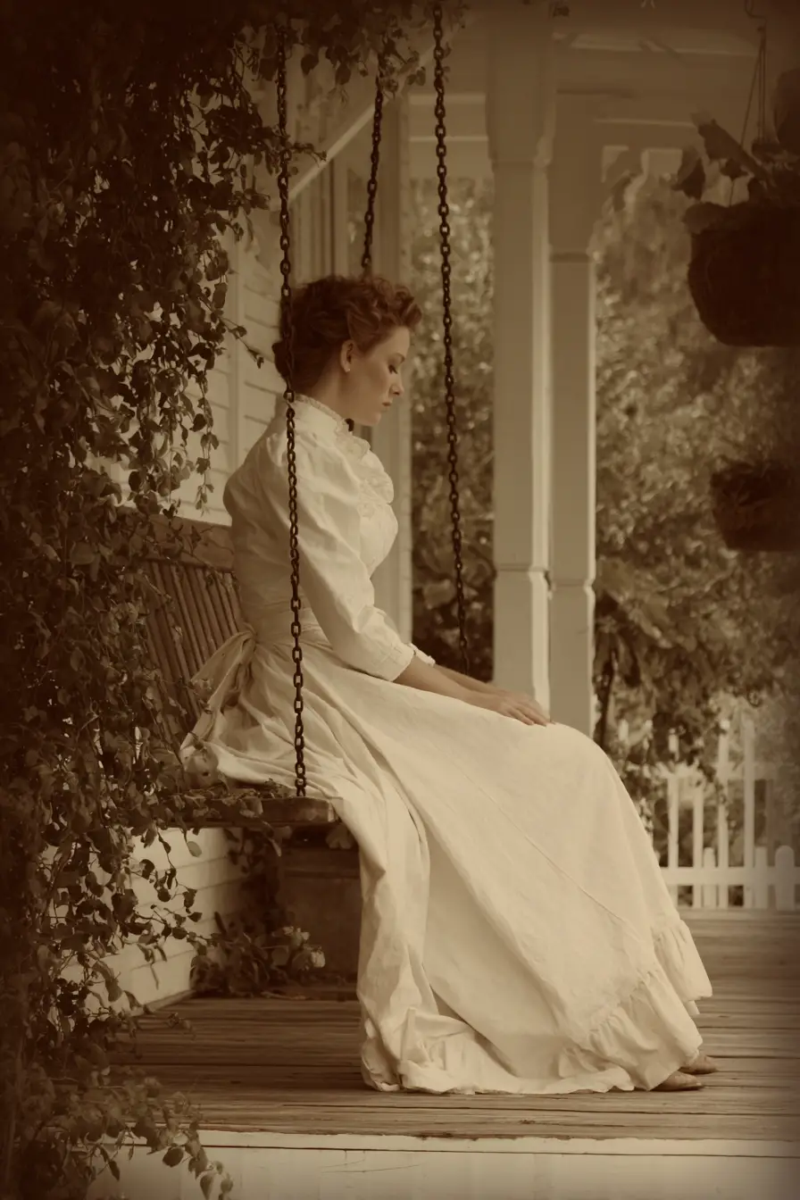 Woman sitting alone on a quiet front porch swing