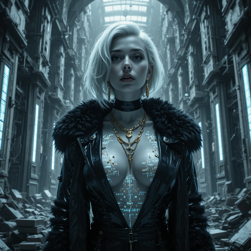 Héroïne de science‑fiction cinématographique dans une cathédrale orbitale de données en ruine