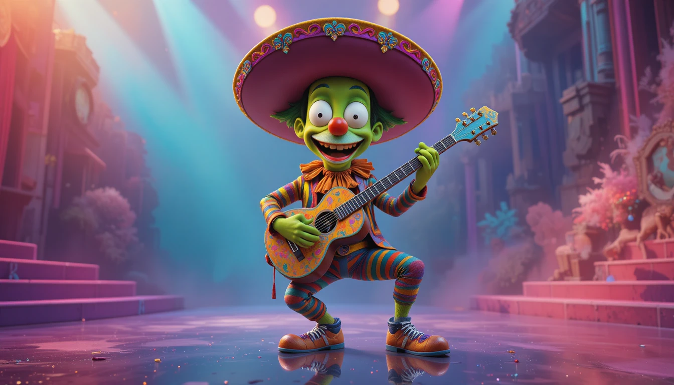 Guitariste vert joyeux façon cartoon avec sombrero éclatant