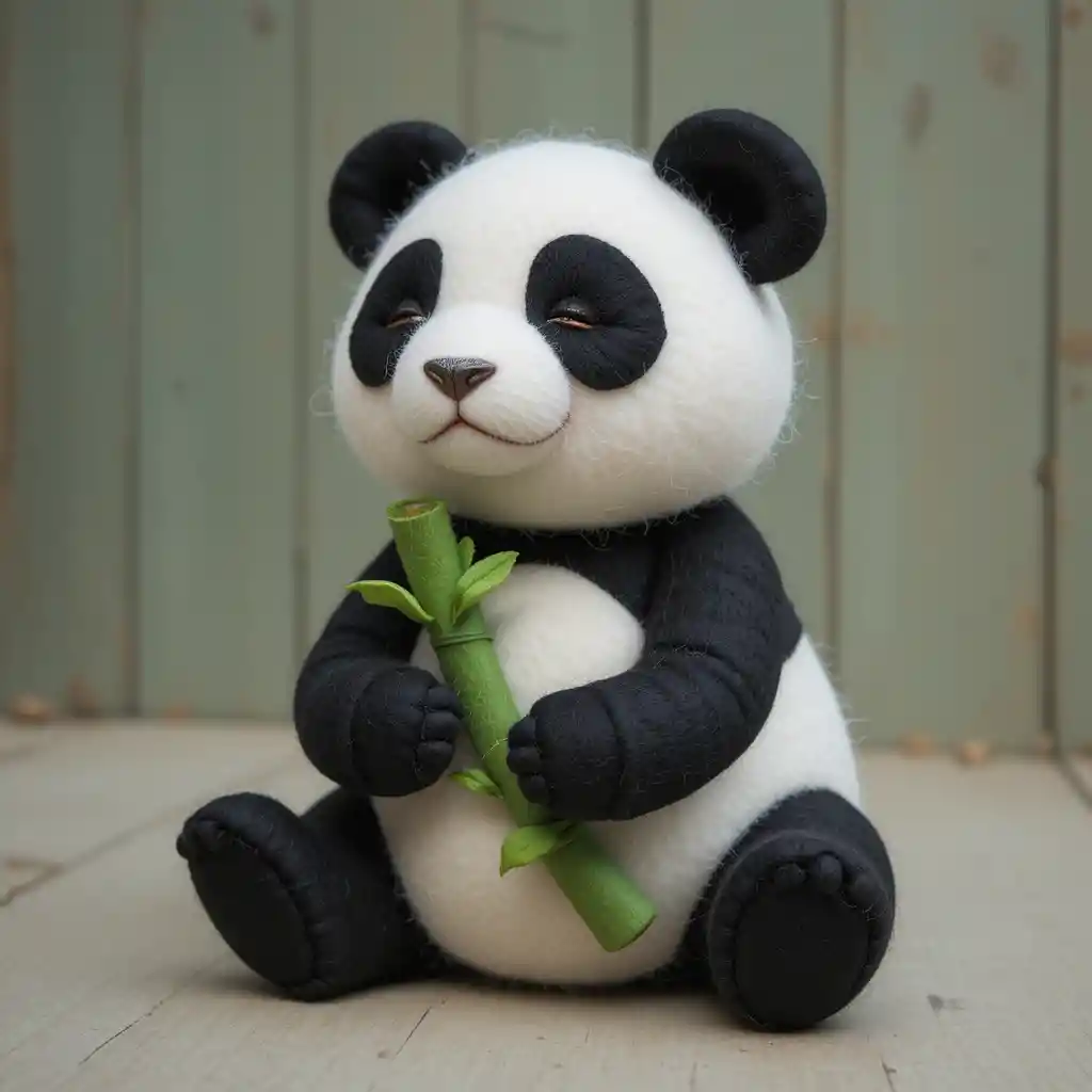 シンプルな緑の竹を抱えたかわいいフェルトパンダ