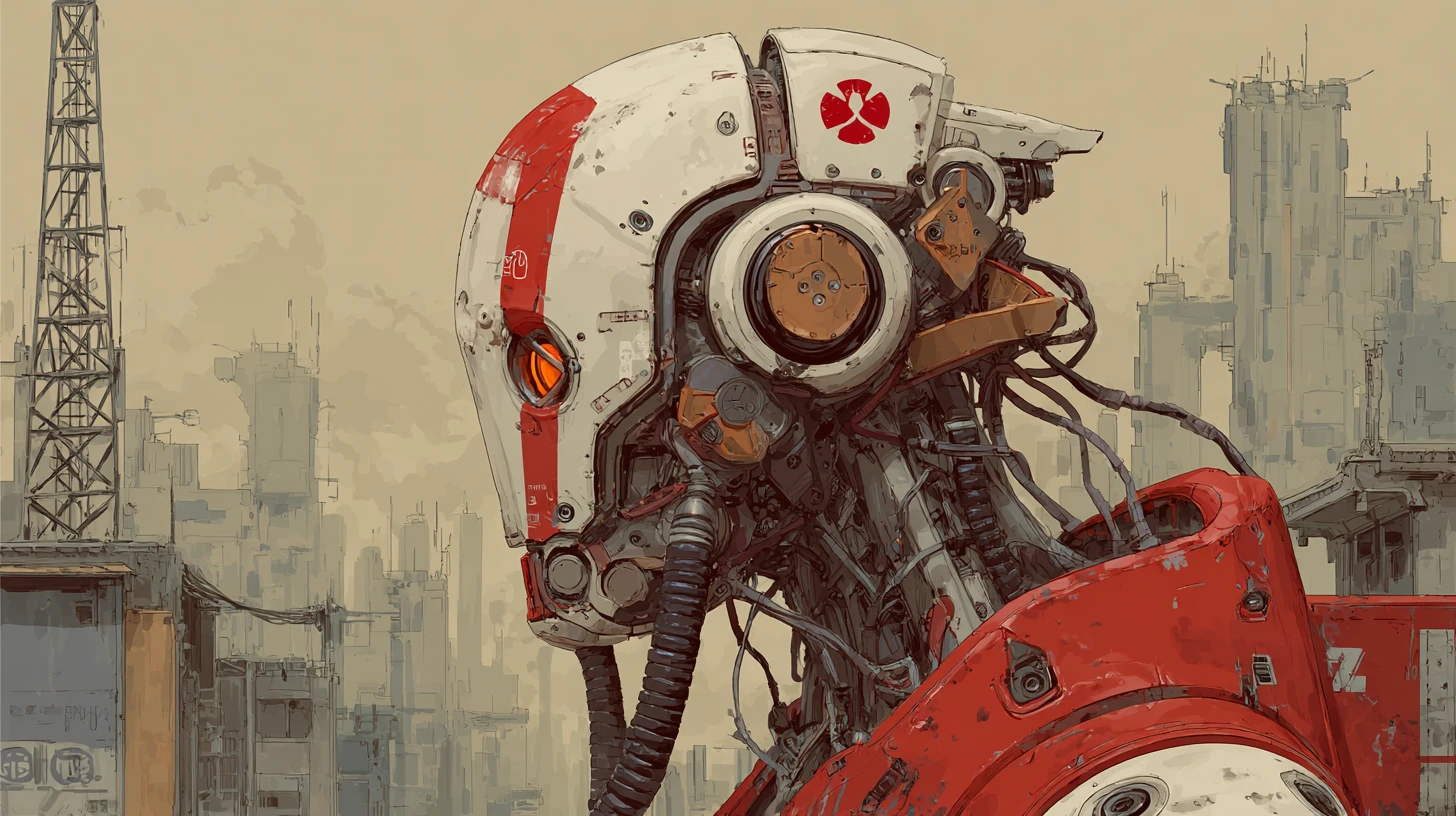Ritratto di androide cyberpunk in uno skyline futuristico di Tokyo