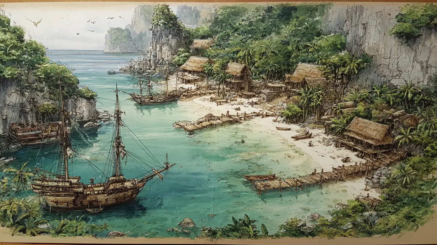 Dramatic pirate cove with ships anchored in clear water