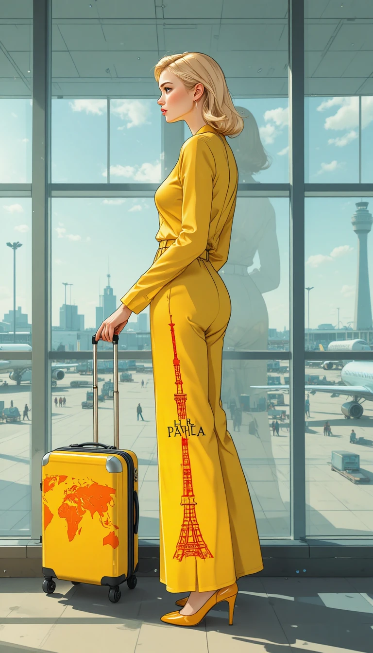 Stilvolle Frau im gelben Outfit an einer Glaswand im Flughafen