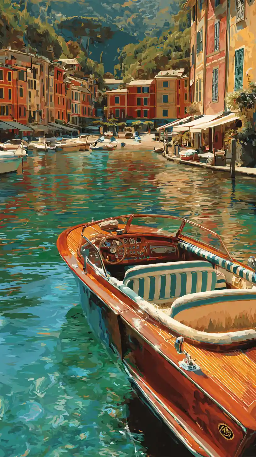 Motoscafo all’ora d’oro nel porto di Portofino – dipinto digitale