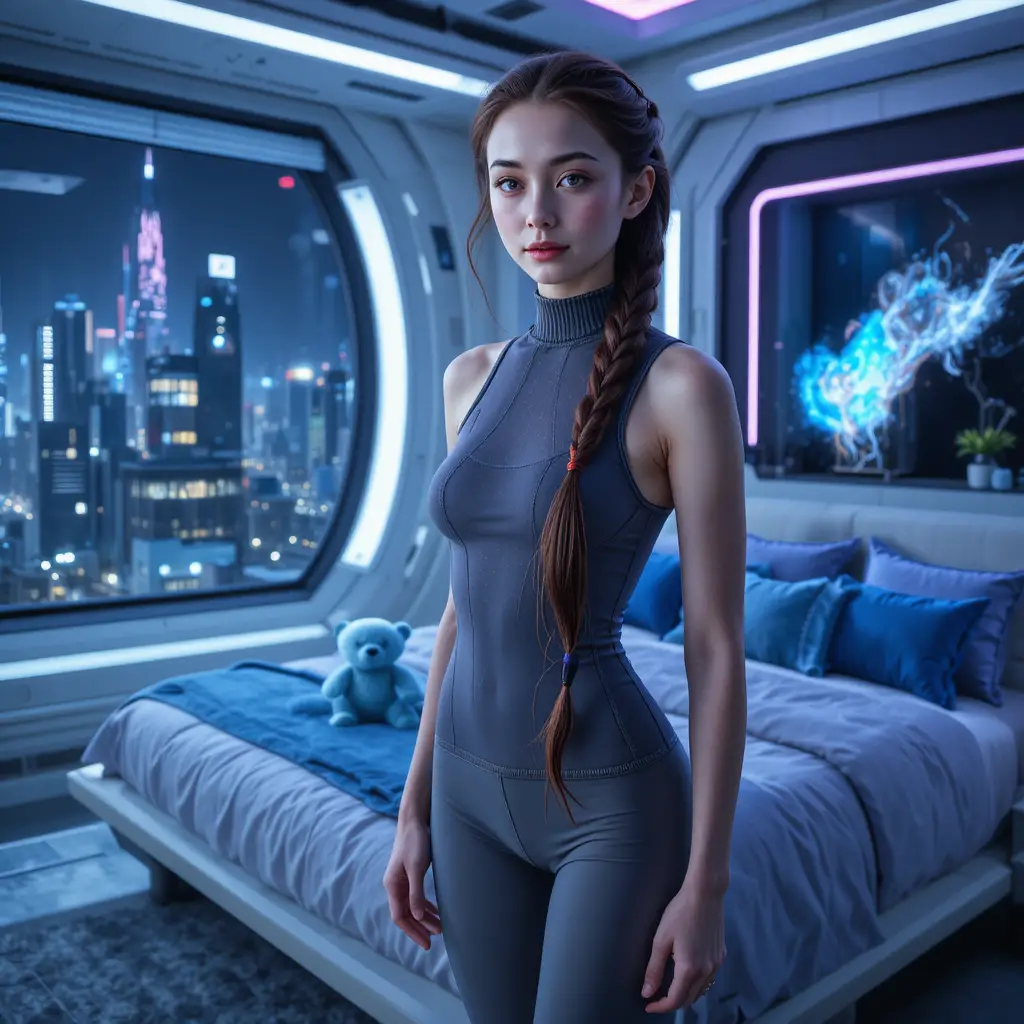 Giovane donna in abito di spandex in una camera da letto futuristica di notte
