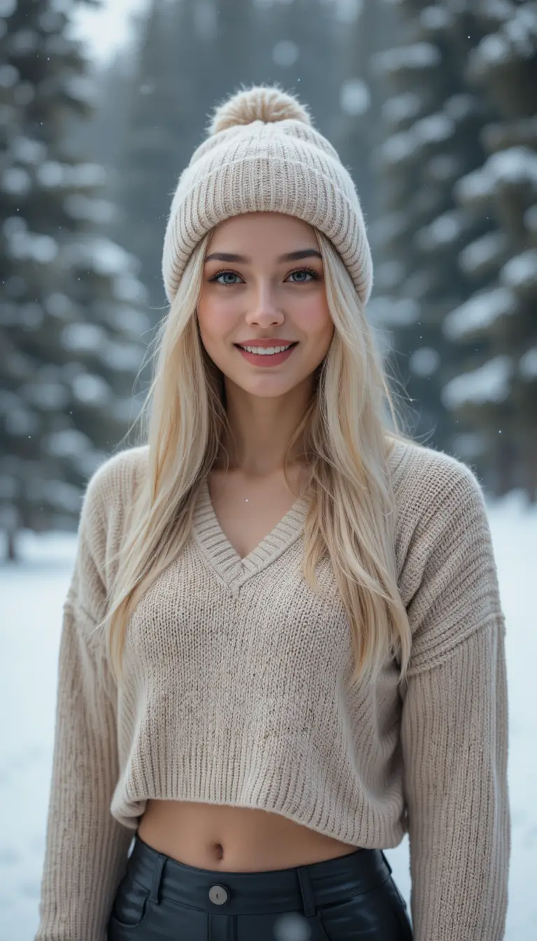 穿著米色毛衣的金髮女子站在雪中的常綠森林裡