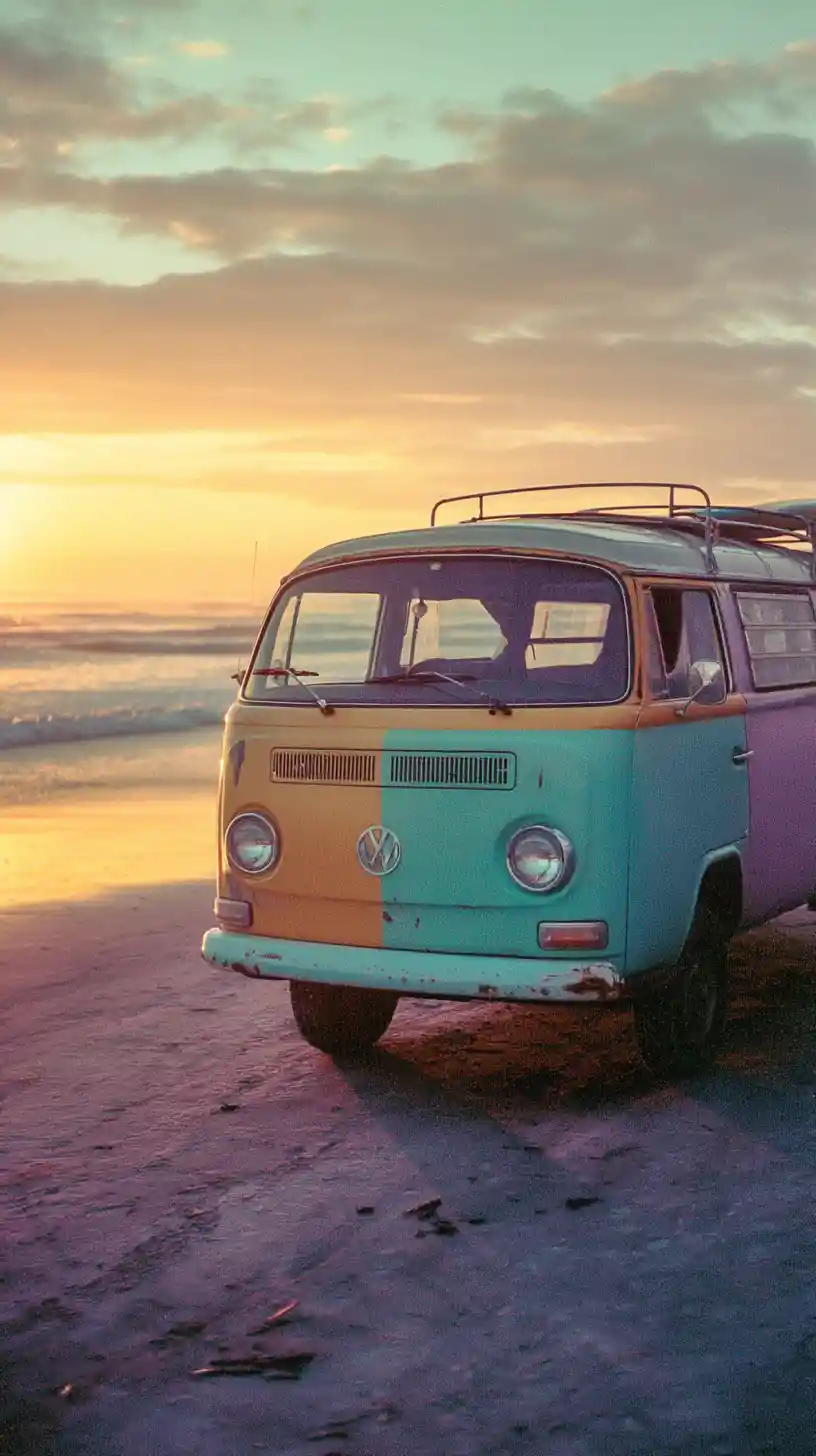 Colorful vintage van parked on a sunset beach
