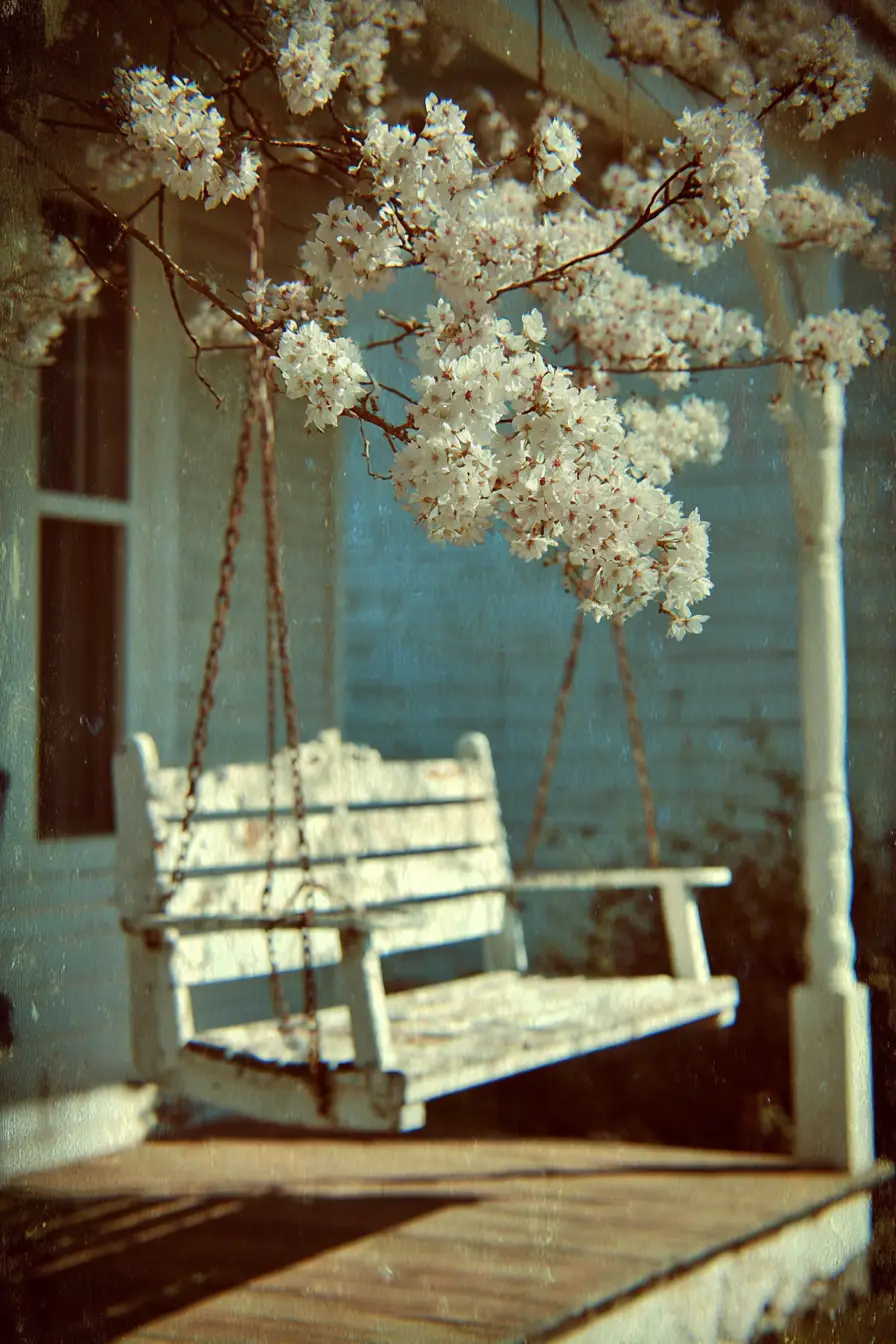 Woman sitting alone on an old front porch swing