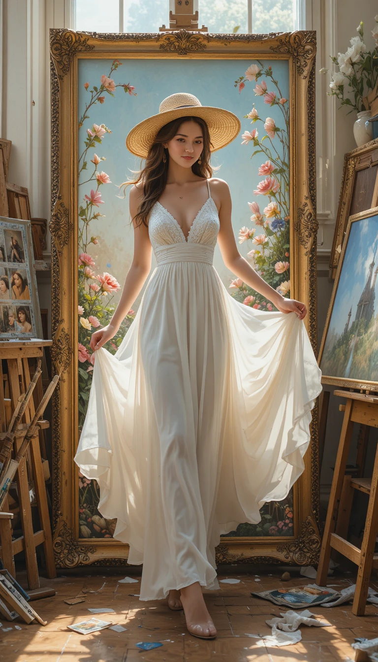 Woman stepping from a golden framed painting in sunlit studio