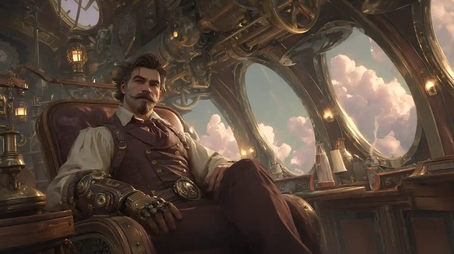 Victorian airship captain in a luxurious cabin interior