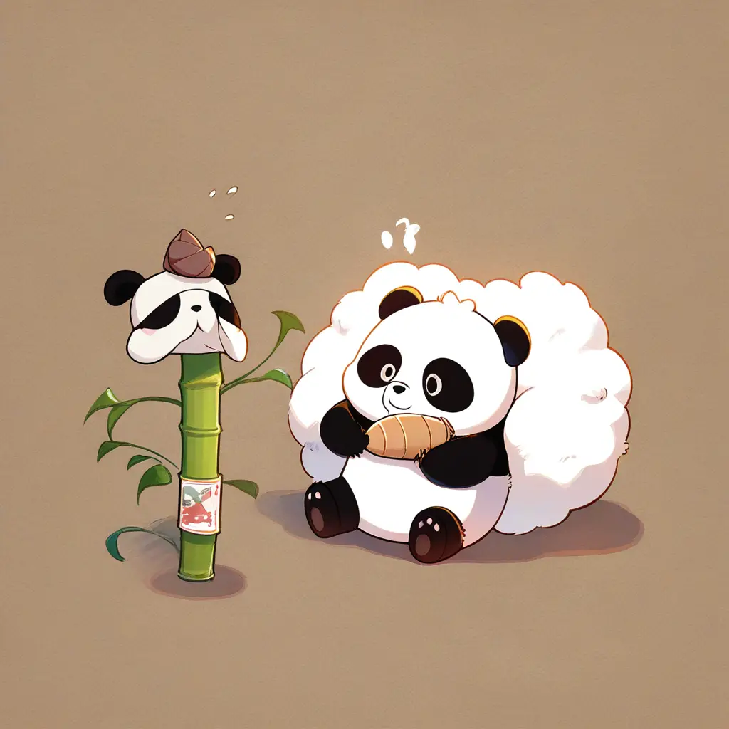 Süßer Filz-Panda, der ruhig einen einfachen grünen Bambus hält