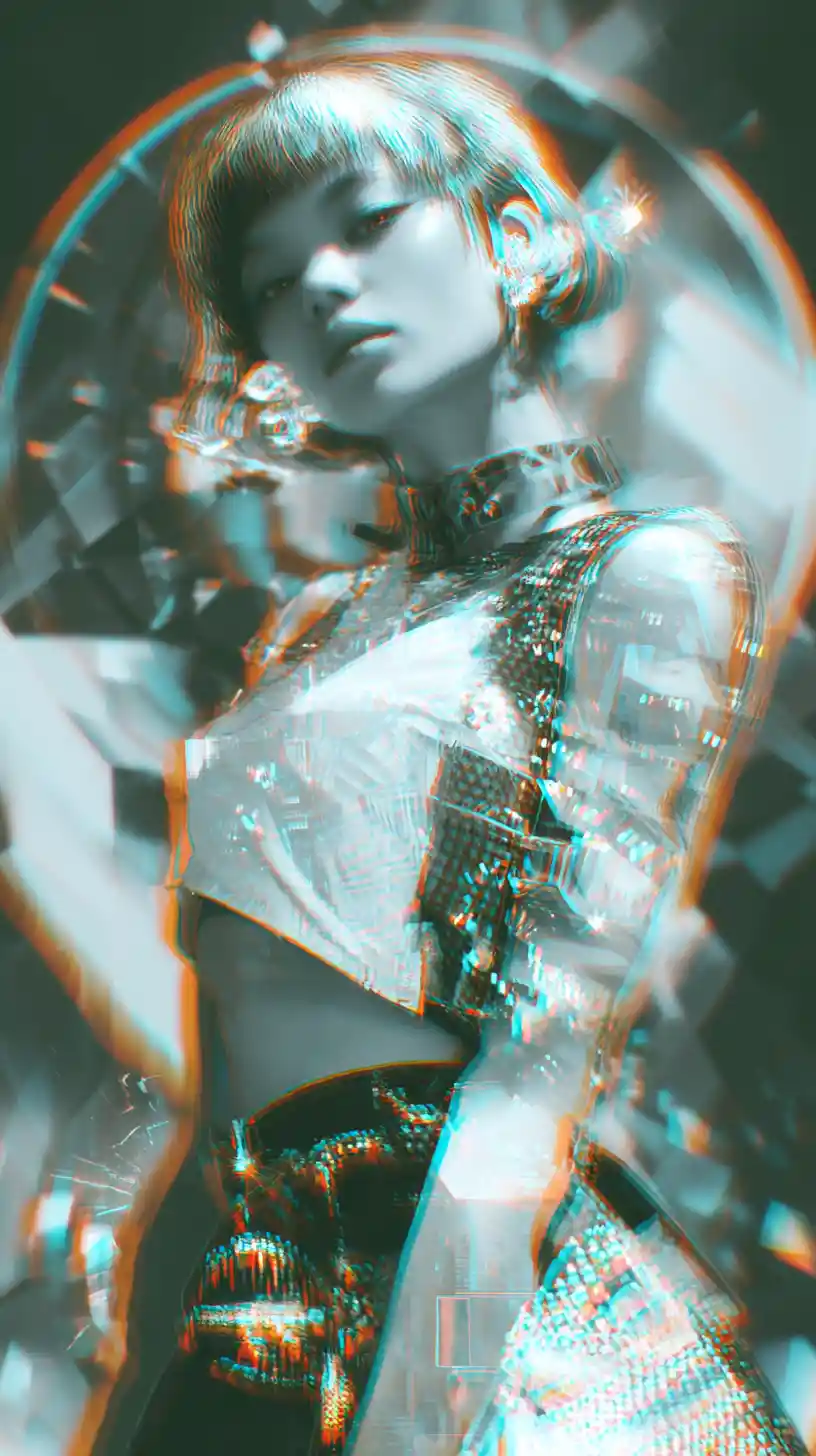 Futuristic woman in a surreal neon digital vortex