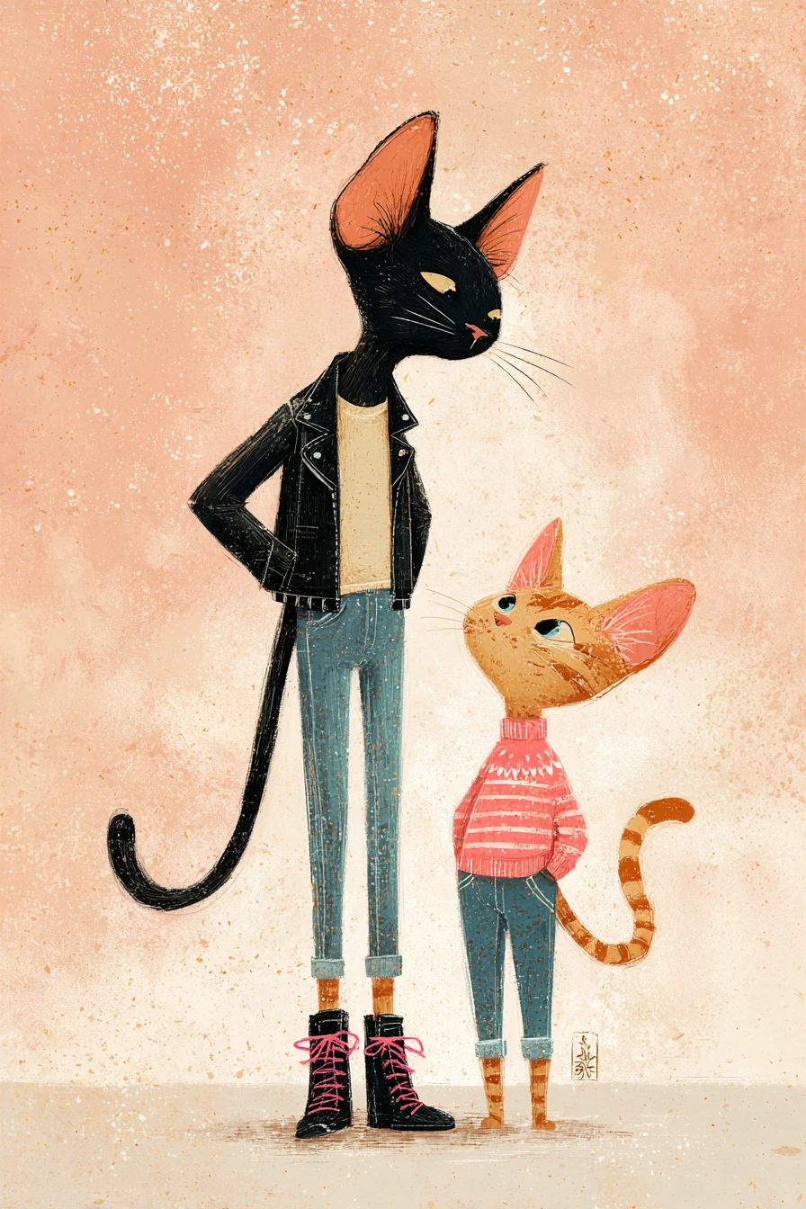 Gatos altos e baixos como melhores amigos em ilustração aconchegante