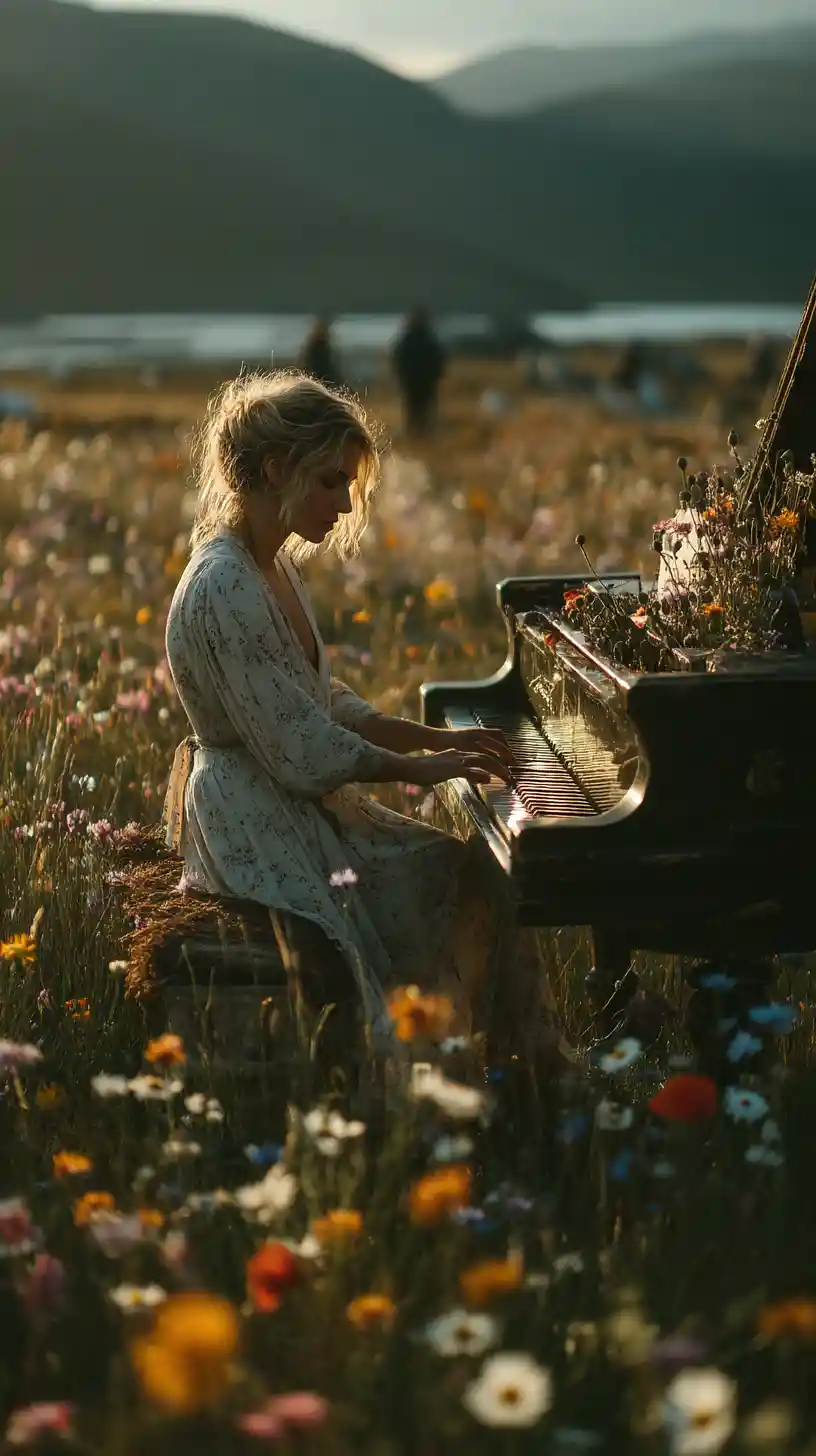 Donna a un pianoforte a coda in un prato assolato di fiori selvatici