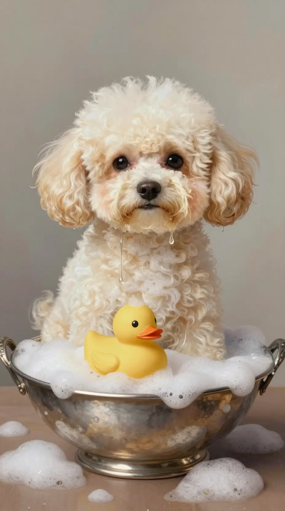 古典銀色浴缸裡與橡皮鴨嬉戲的蓬鬆貴賓犬