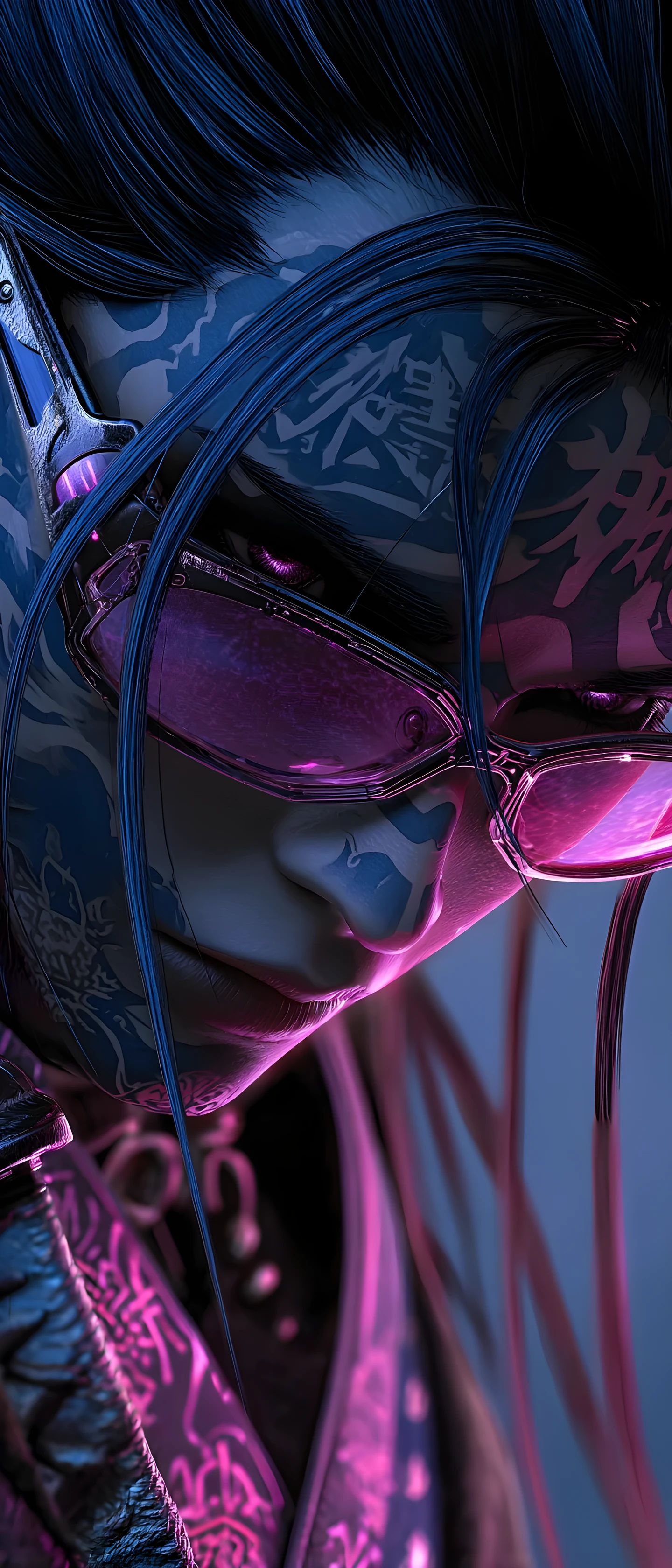 Cyberpunk-Krieger mit leuchtenden Runen auf einem dunklen Schlachtfeld