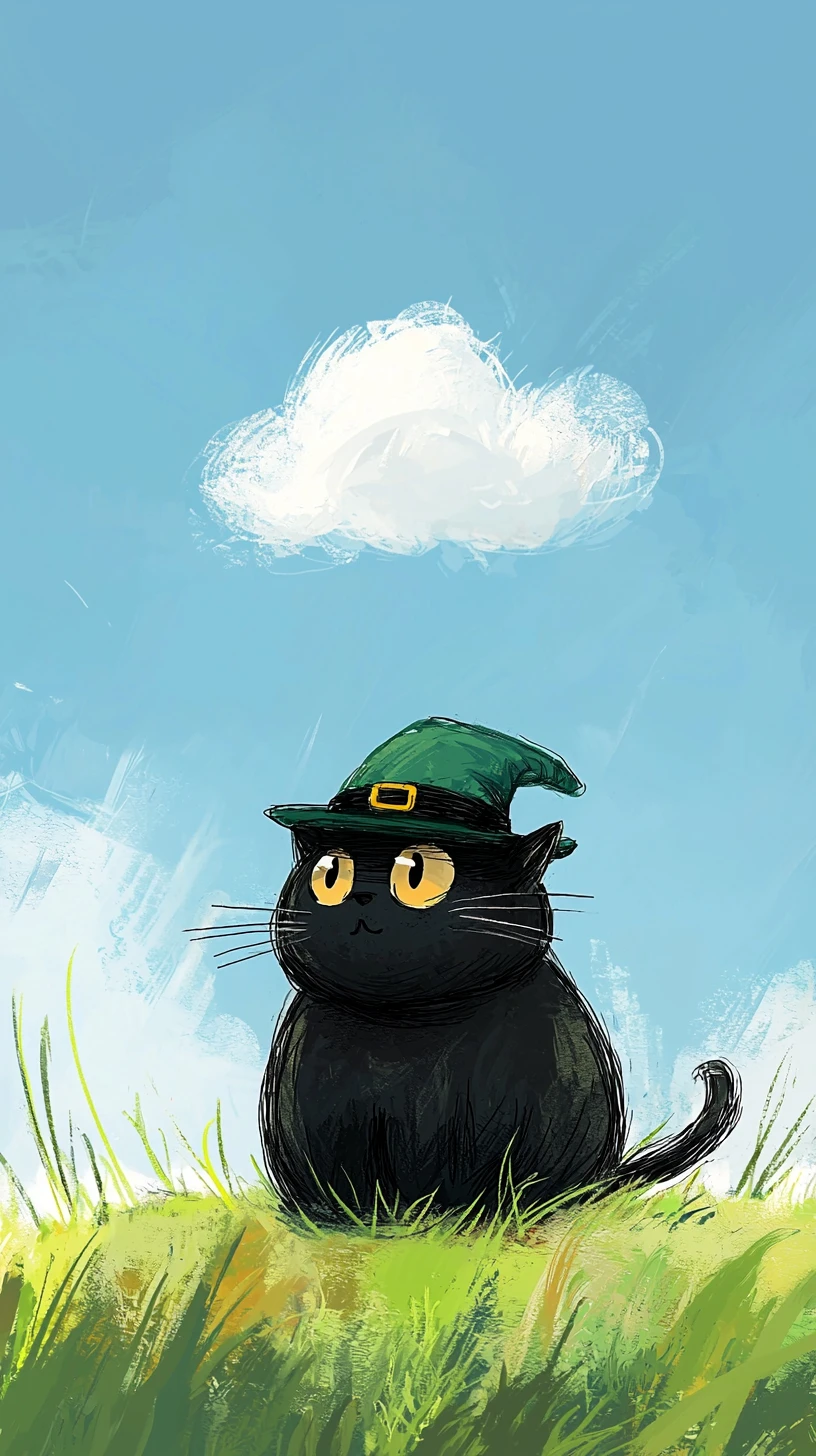 Gatinho preto fofo na grama com pequeno chapéu de bruxa verde