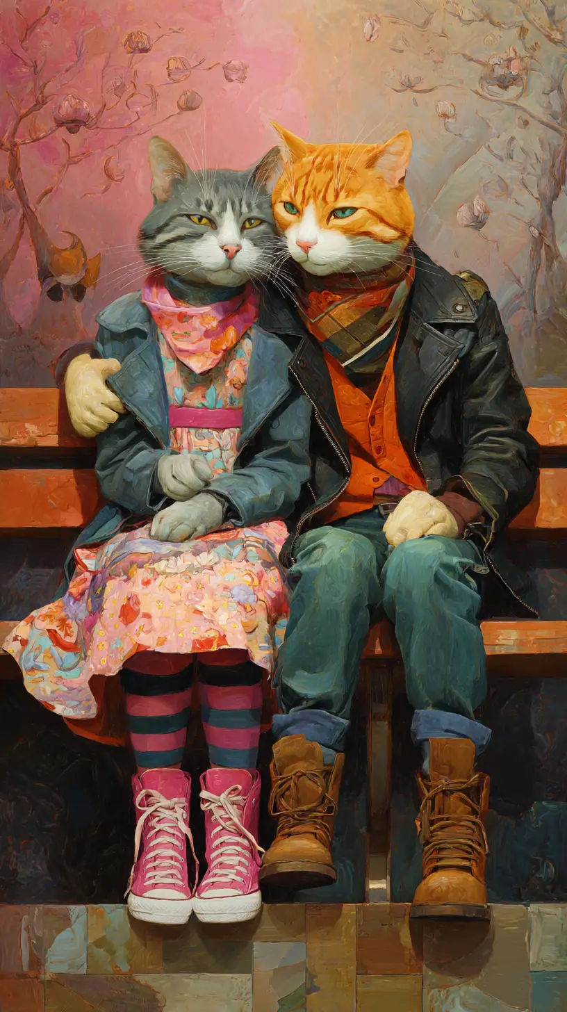 Romantic Pirate Cats Sitting Together On A Bench