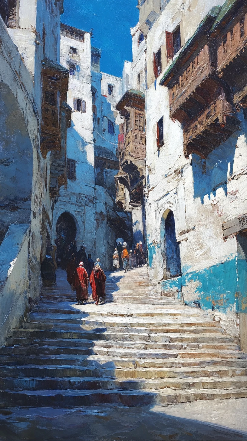 Pintura dramática em ângulo baixo de um beco na casbá argelina